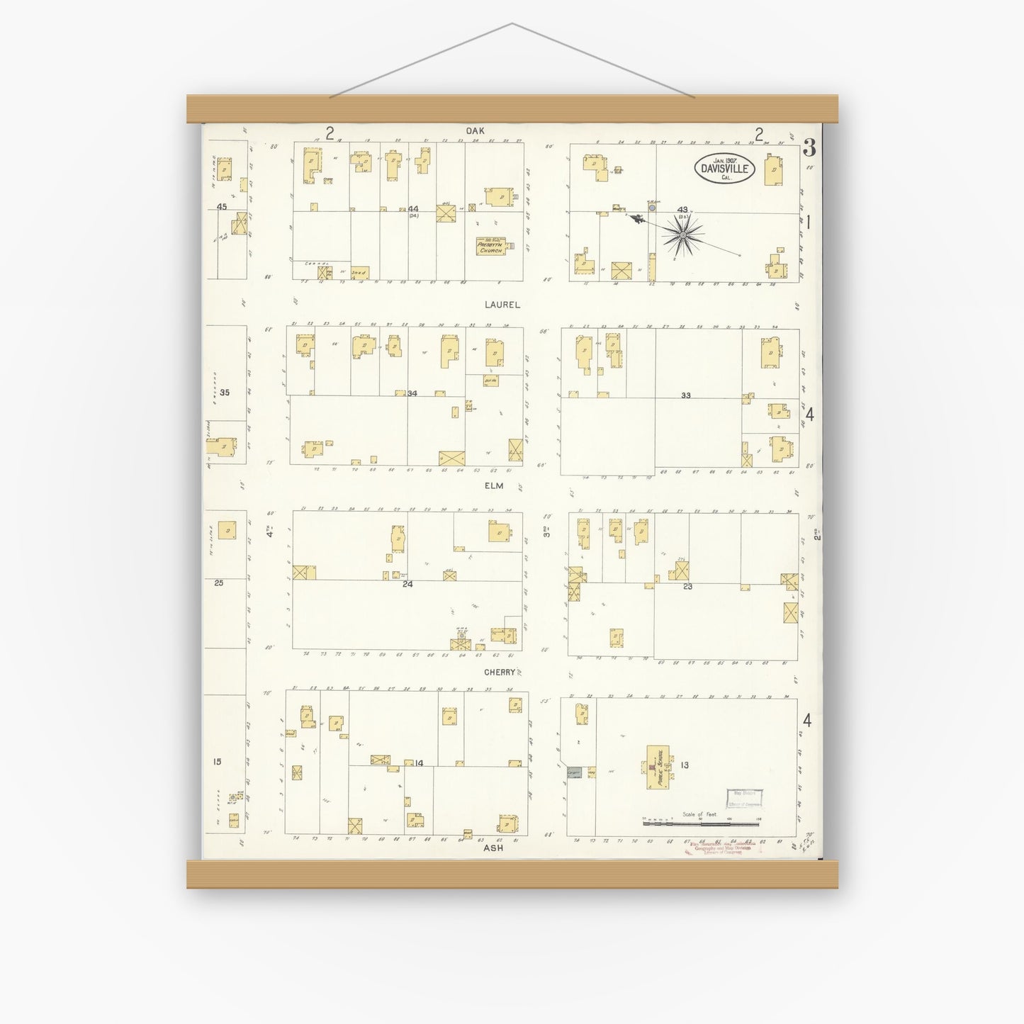 Old map wall art mockup — magnetic wood frame on white wall — Sanborn Fire Insurance Map from Davis, Yolo County, California (1907), Sheet #0003