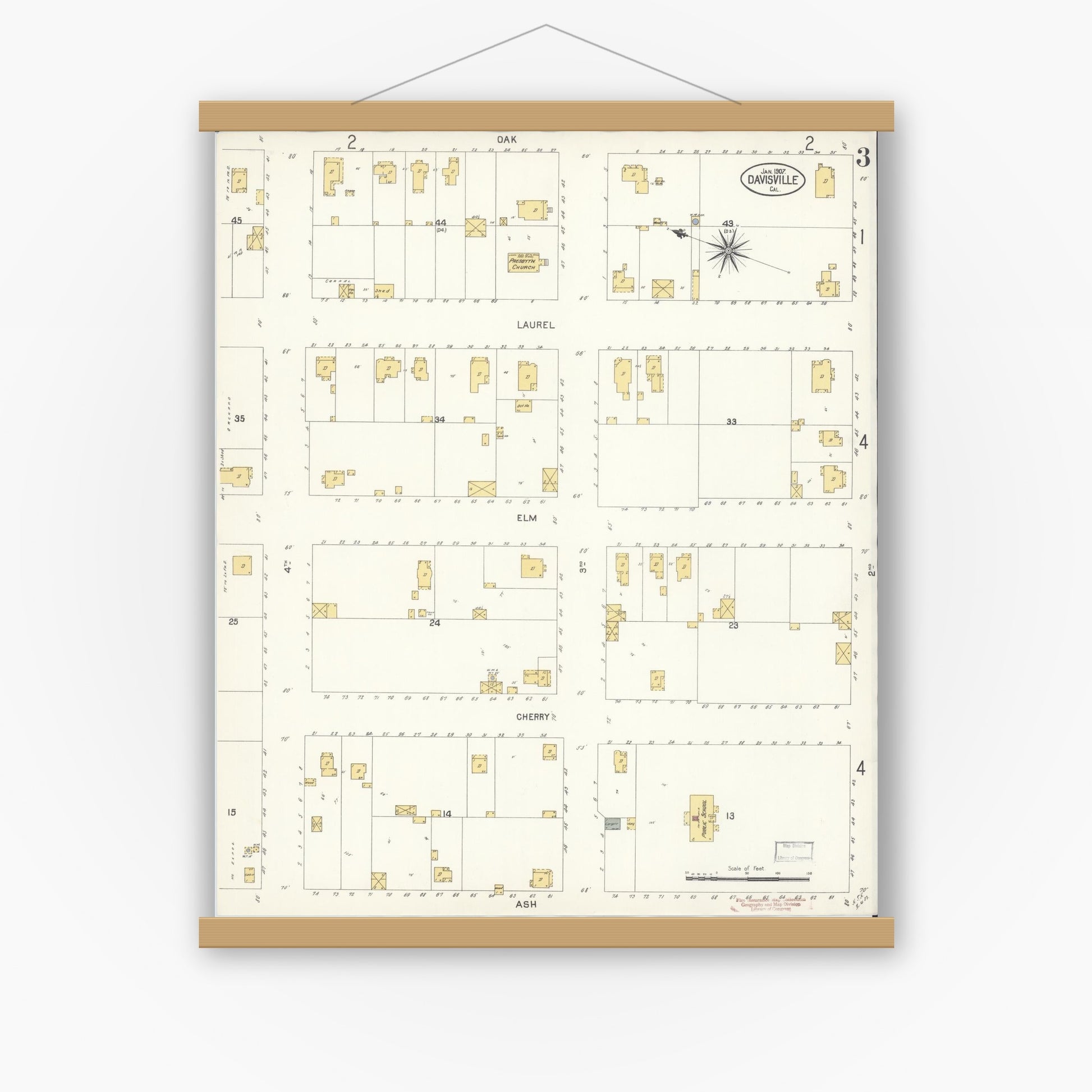 Old map wall art mockup — magnetic wood frame on white wall — Sanborn Fire Insurance Map from Davis, Yolo County, California (1907), Sheet #0003
