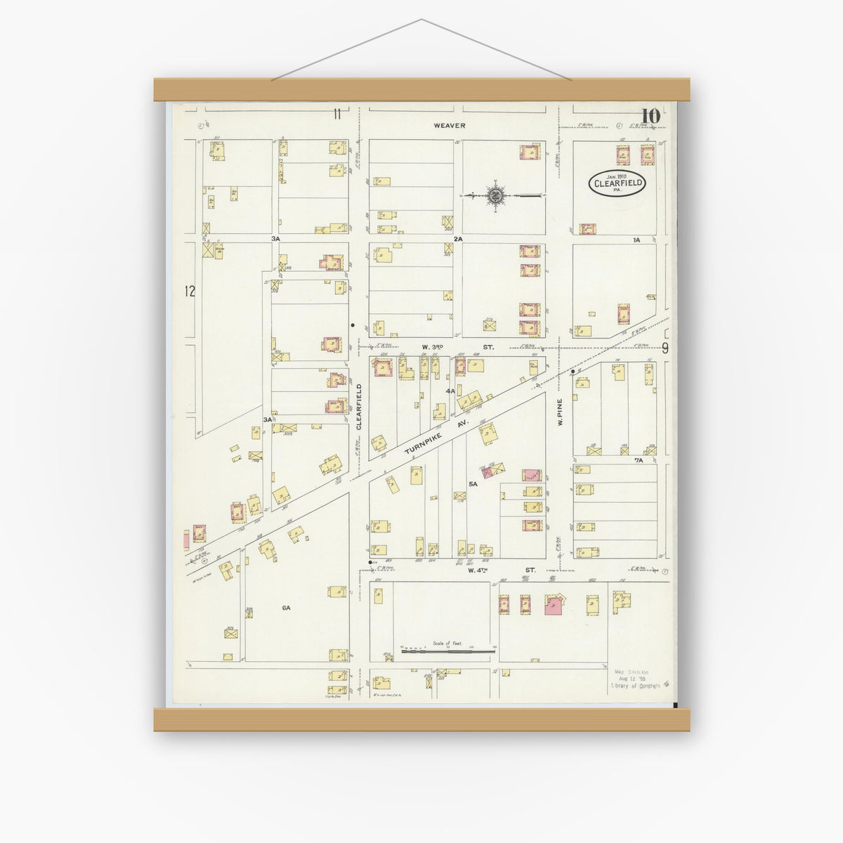 Old map wall art mockup — magnetic wood frame on white wall — Sanborn Fire Insurance Map from Clearfield, Clearfield County, Pennsylvania (1911), Sheet #0010
