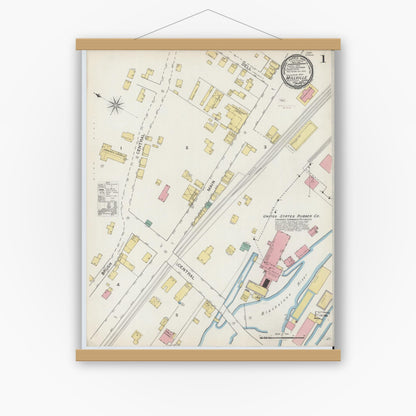 Old map wall art mockup — magnetic wood frame on white wall — Sanborn Fire Insurance Map from Millville, Worcester County, Massachusetts (1893), Sheet #0001