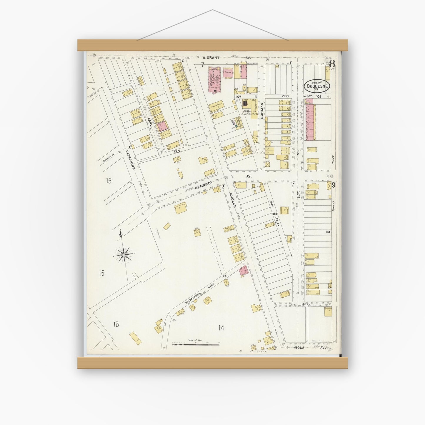 Old map wall art mockup — magnetic wood frame on white wall — Sanborn Fire Insurance Map from Duquesne, Allegheny County, Pennsylvania (1907), Sheet #0008