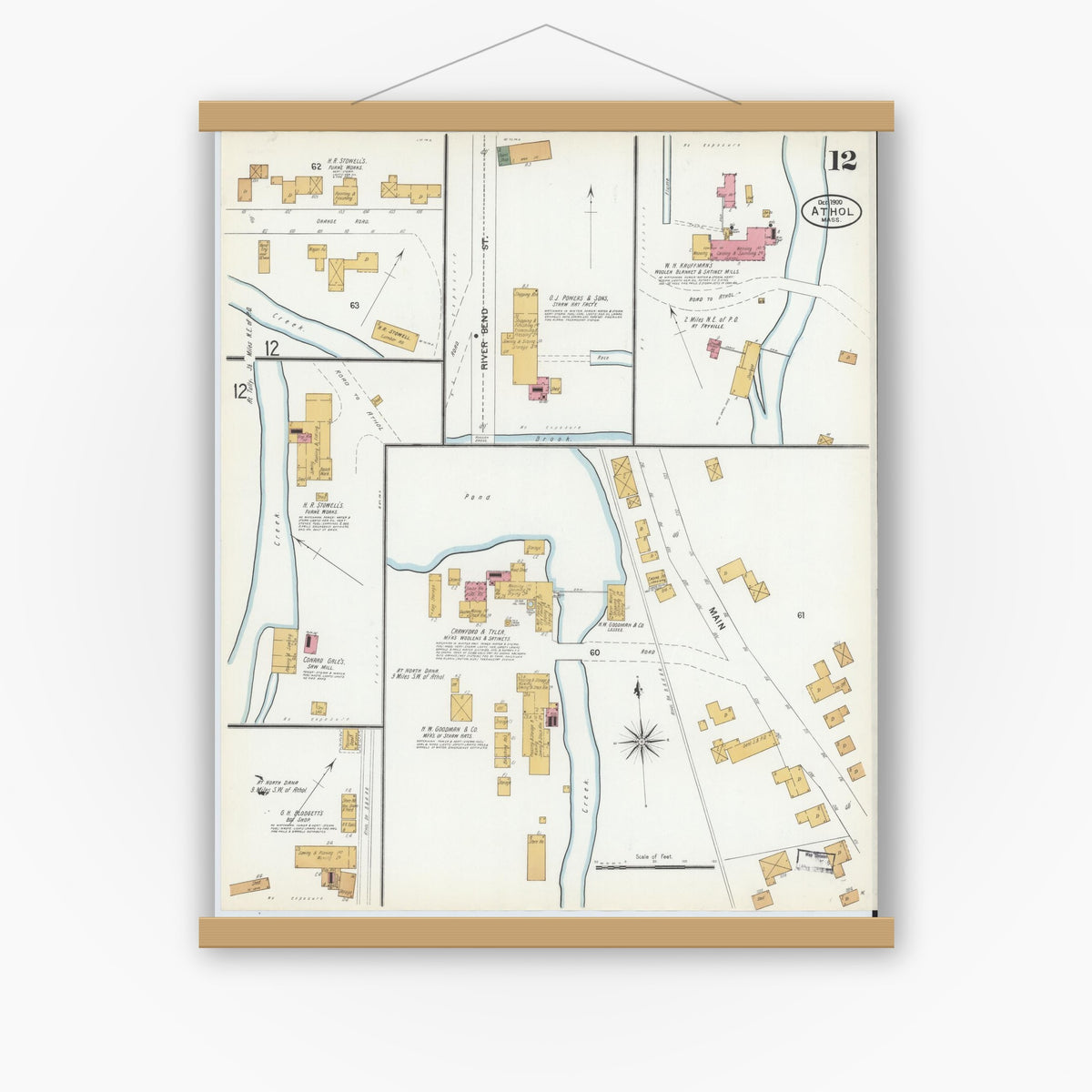 Old map wall art mockup — magnetic wood frame on white wall — Sanborn Fire Insurance Map from Athol, Worcester County, Massachusetts (1900), Sheet #0012