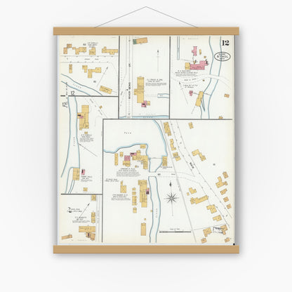 Old map wall art mockup — magnetic wood frame on white wall — Sanborn Fire Insurance Map from Athol, Worcester County, Massachusetts (1900), Sheet #0012