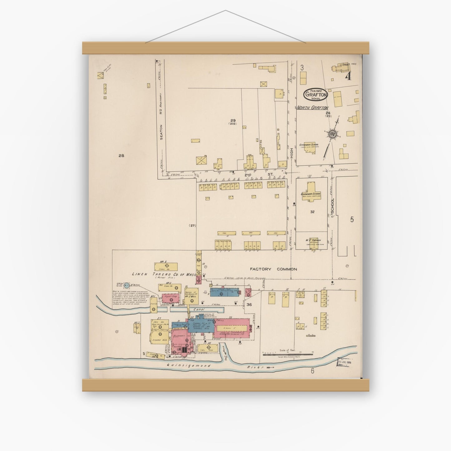 Old map wall art mockup — magnetic wood frame on white wall — Sanborn Fire Insurance Map from Grafton, Worcester County, Massachusetts (1922), Sheet #0004
