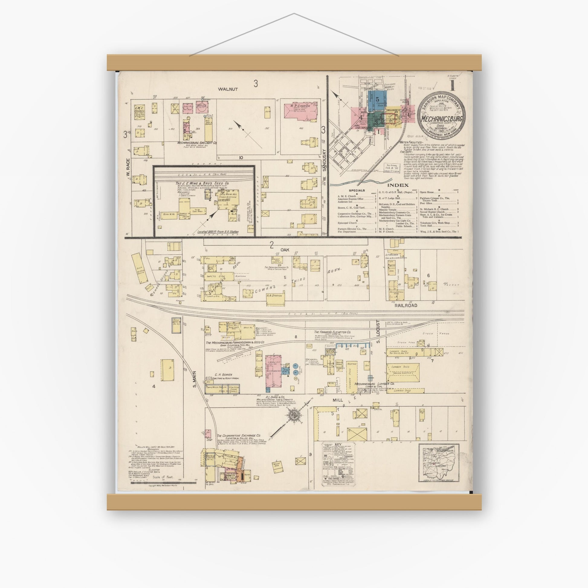 Old map wall art mockup — magnetic wood frame on white wall — Sanborn Fire Insurance Map from Mechanicsburg, Champaign County, Ohio (1921), Sheet #0001