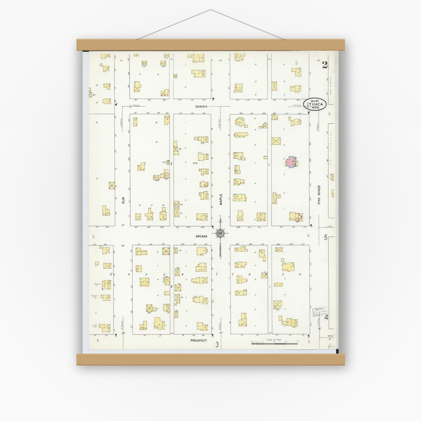Old map wall art mockup — magnetic wood frame on white wall — Sanborn Fire Insurance Map from Ithaca, Gratiot County, Michigan (1911), Sheet #0002