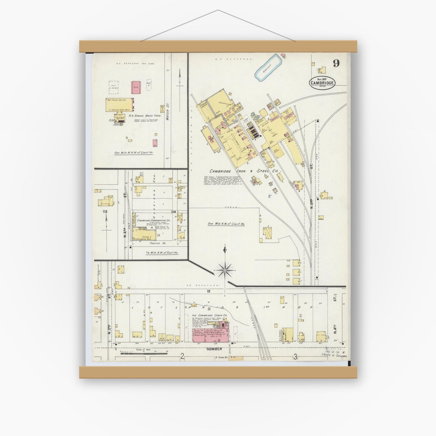 Old map wall art mockup — magnetic wood frame on white wall — Sanborn Fire Insurance Map from Cambridge, Guernsey County, Ohio (1897), Sheet #0009