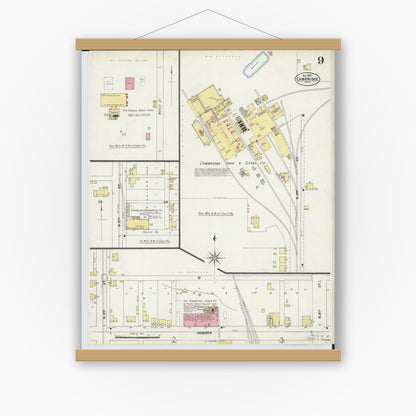 Old map wall art mockup — magnetic wood frame on white wall — Sanborn Fire Insurance Map from Cambridge, Guernsey County, Ohio (1897), Sheet #0009