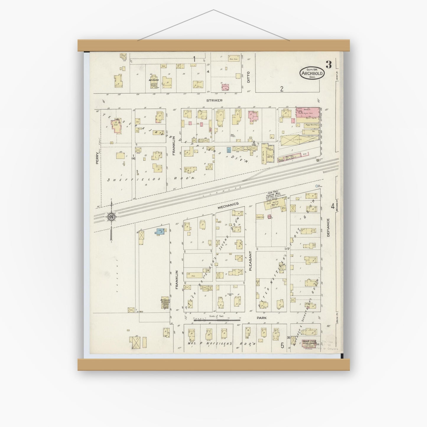Old map wall art mockup — magnetic wood frame on white wall — Sanborn Fire Insurance Map from Archbold, Fulton County, Ohio (1914), Sheet #0003