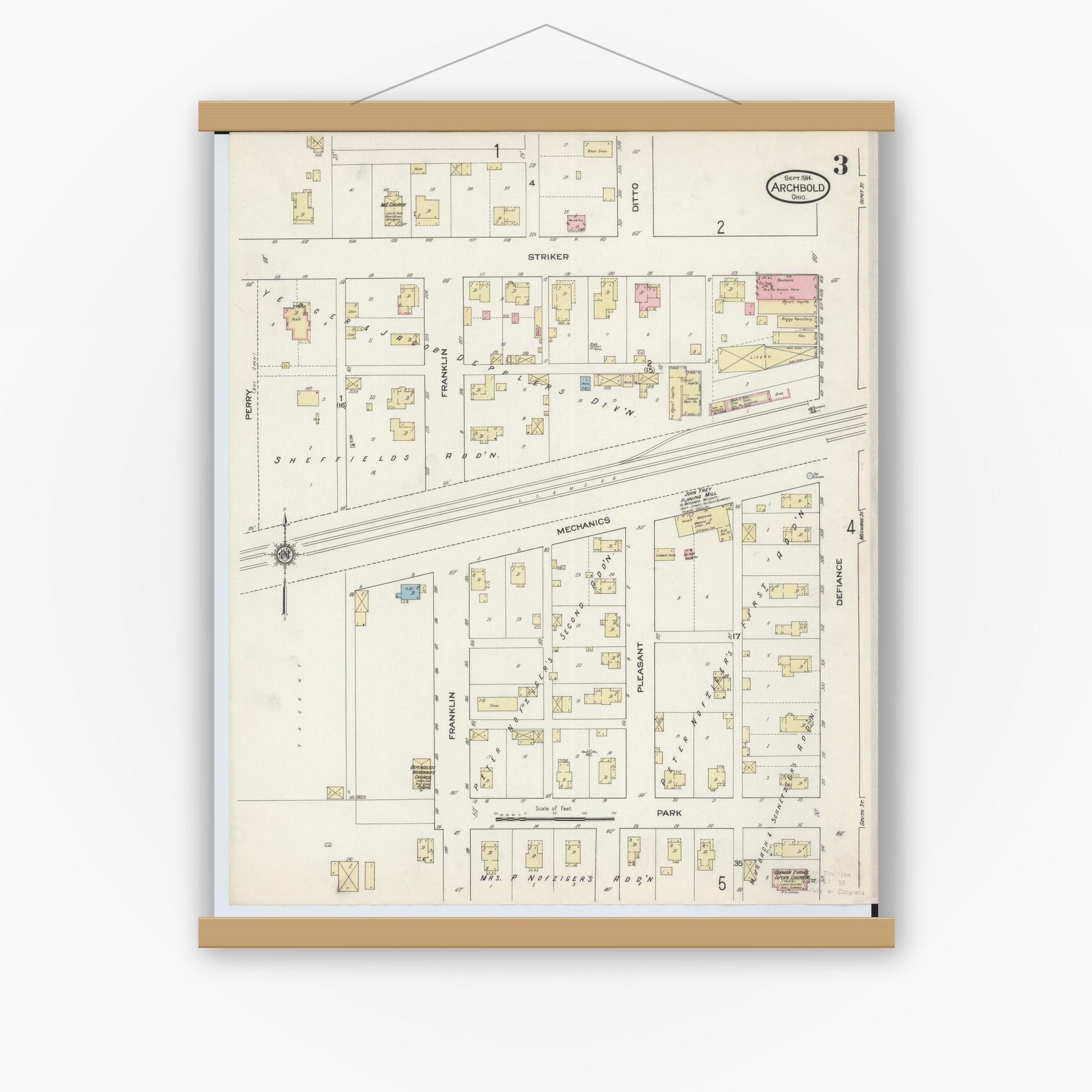 Old map wall art mockup — magnetic wood frame on white wall — Sanborn Fire Insurance Map from Archbold, Fulton County, Ohio (1914), Sheet #0003