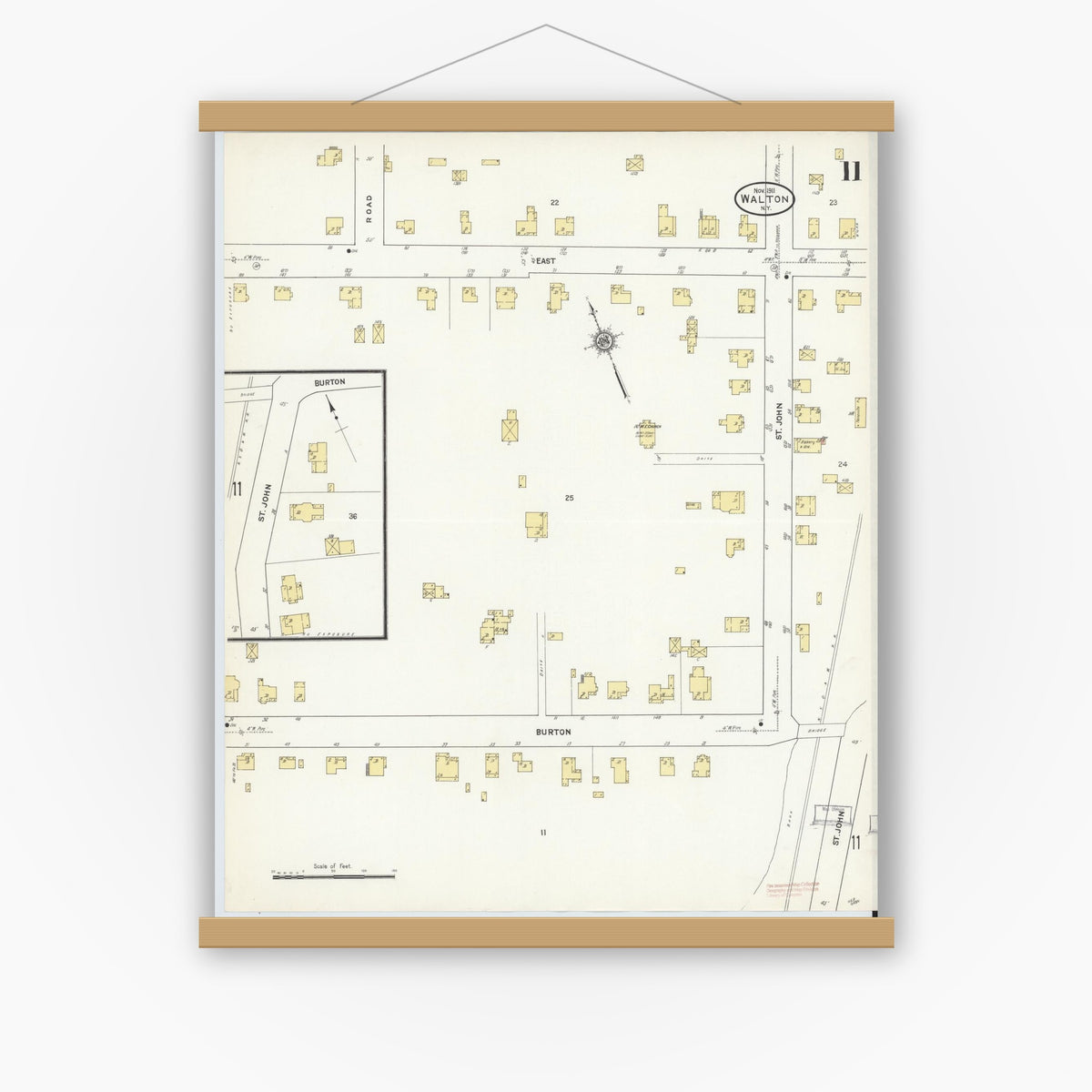 Old map wall art mockup — magnetic wood frame on white wall — Sanborn Fire Insurance Map from Walton, Delaware County, New York (1911), Sheet #0011