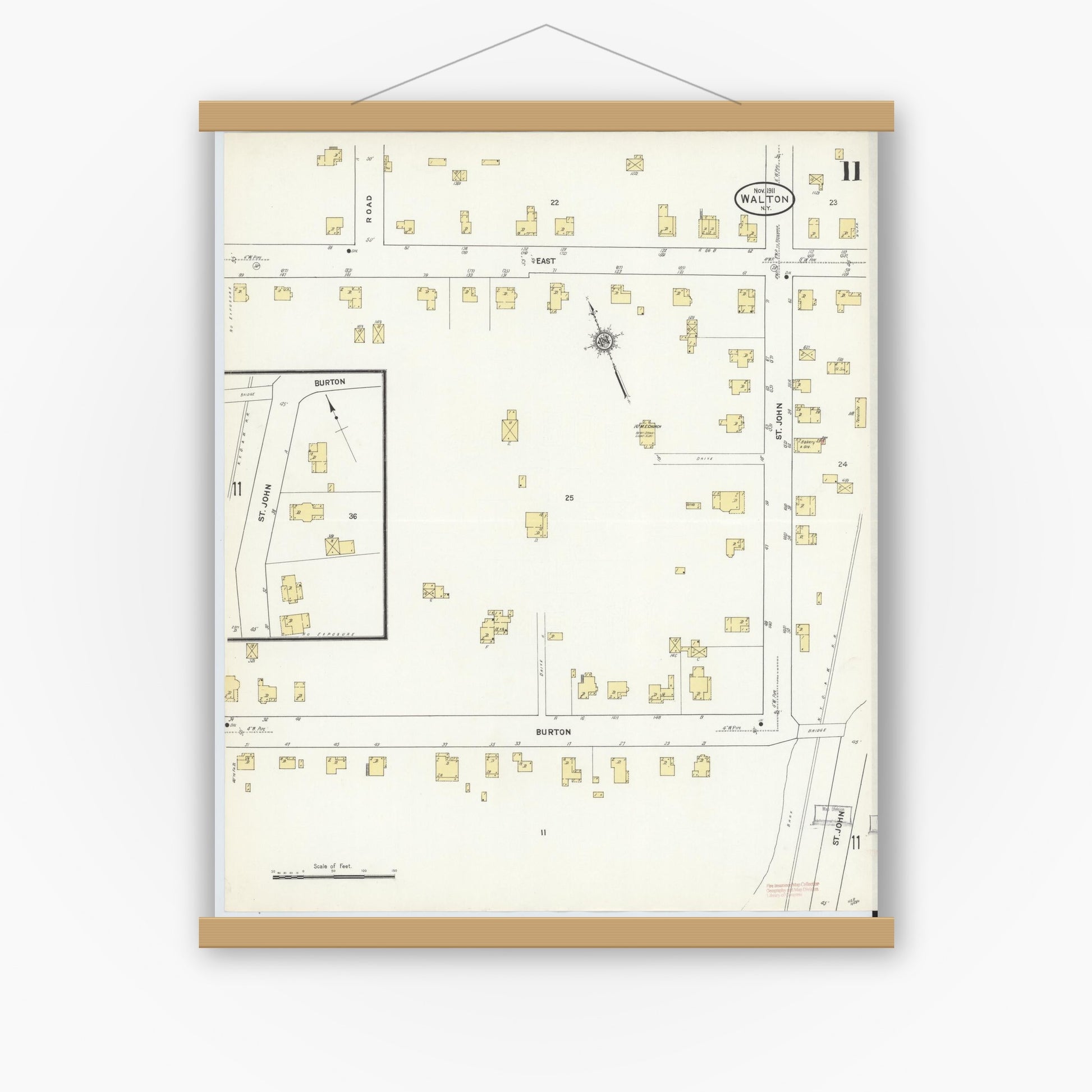 Old map wall art mockup — magnetic wood frame on white wall — Sanborn Fire Insurance Map from Walton, Delaware County, New York (1911), Sheet #0011