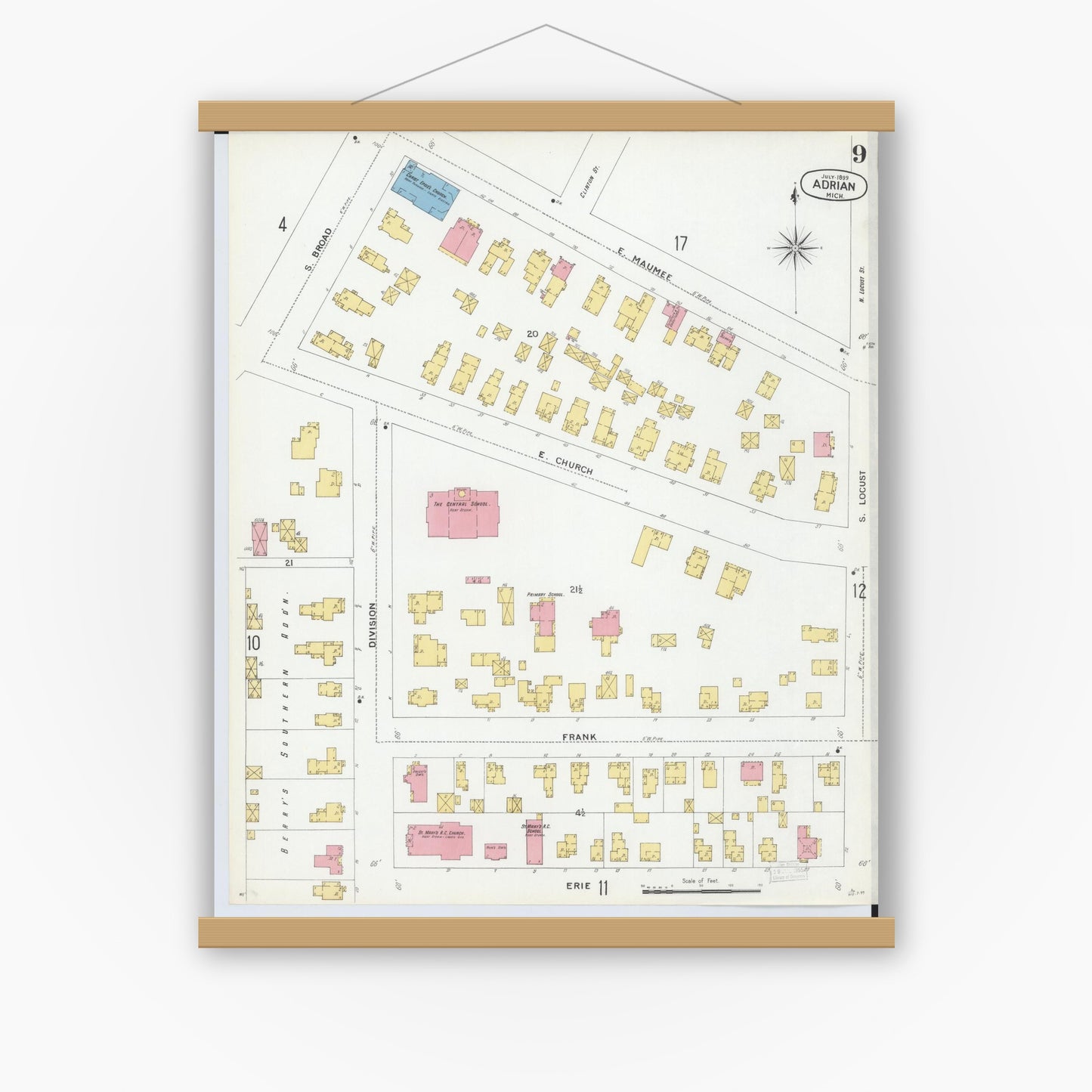 Old map wall art mockup — magnetic wood frame on white wall — Sanborn Fire Insurance Map from Adrian, Lenawee County, Michigan (1899), Sheet #0009