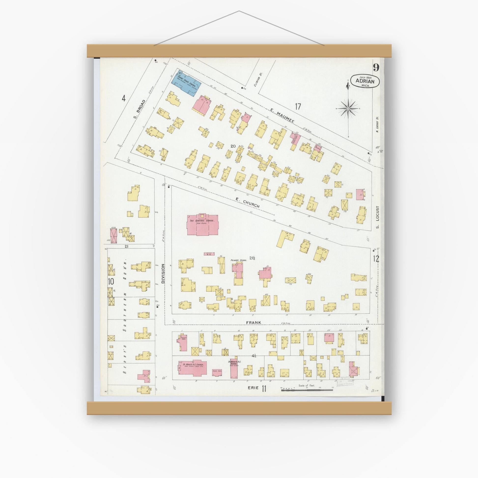 Old map wall art mockup — magnetic wood frame on white wall — Sanborn Fire Insurance Map from Adrian, Lenawee County, Michigan (1899), Sheet #0009