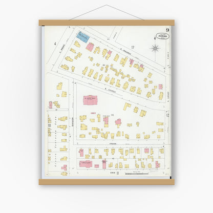 Old map wall art mockup — magnetic wood frame on white wall — Sanborn Fire Insurance Map from Adrian, Lenawee County, Michigan (1899), Sheet #0009