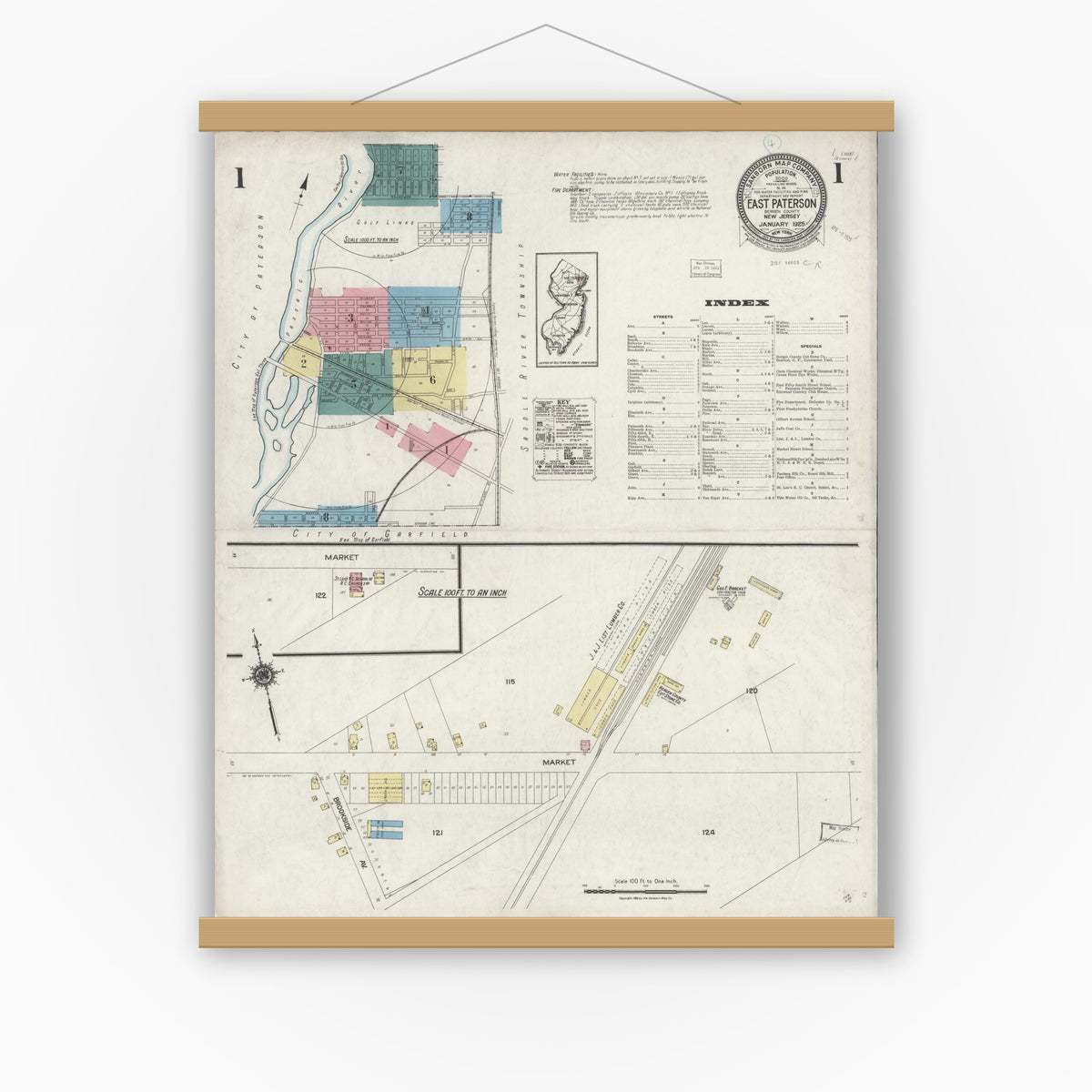 Old map wall art mockup — magnetic wood frame on white wall — Sanborn Fire Insurance Map from East Paterson, Bergen County, New Jersey (1925) - Complete Map Set