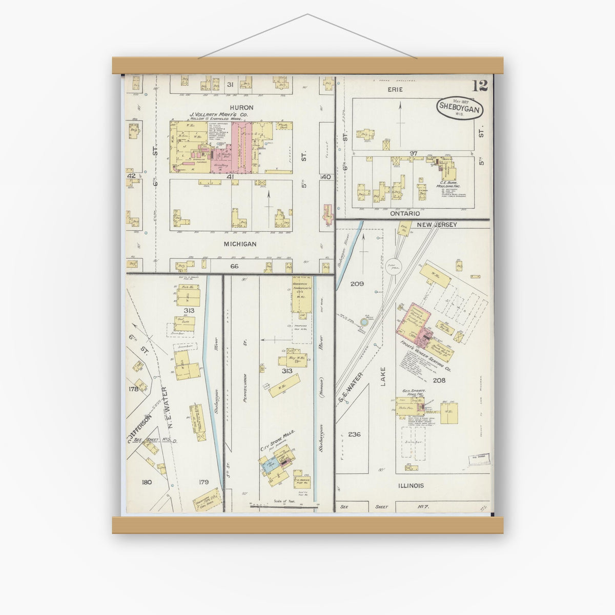 Old map wall art mockup — magnetic wood frame on white wall — Sanborn Fire Insurance Map from Sheboygan, Sheboygan County, Wisconsin (1887), Sheet #0012