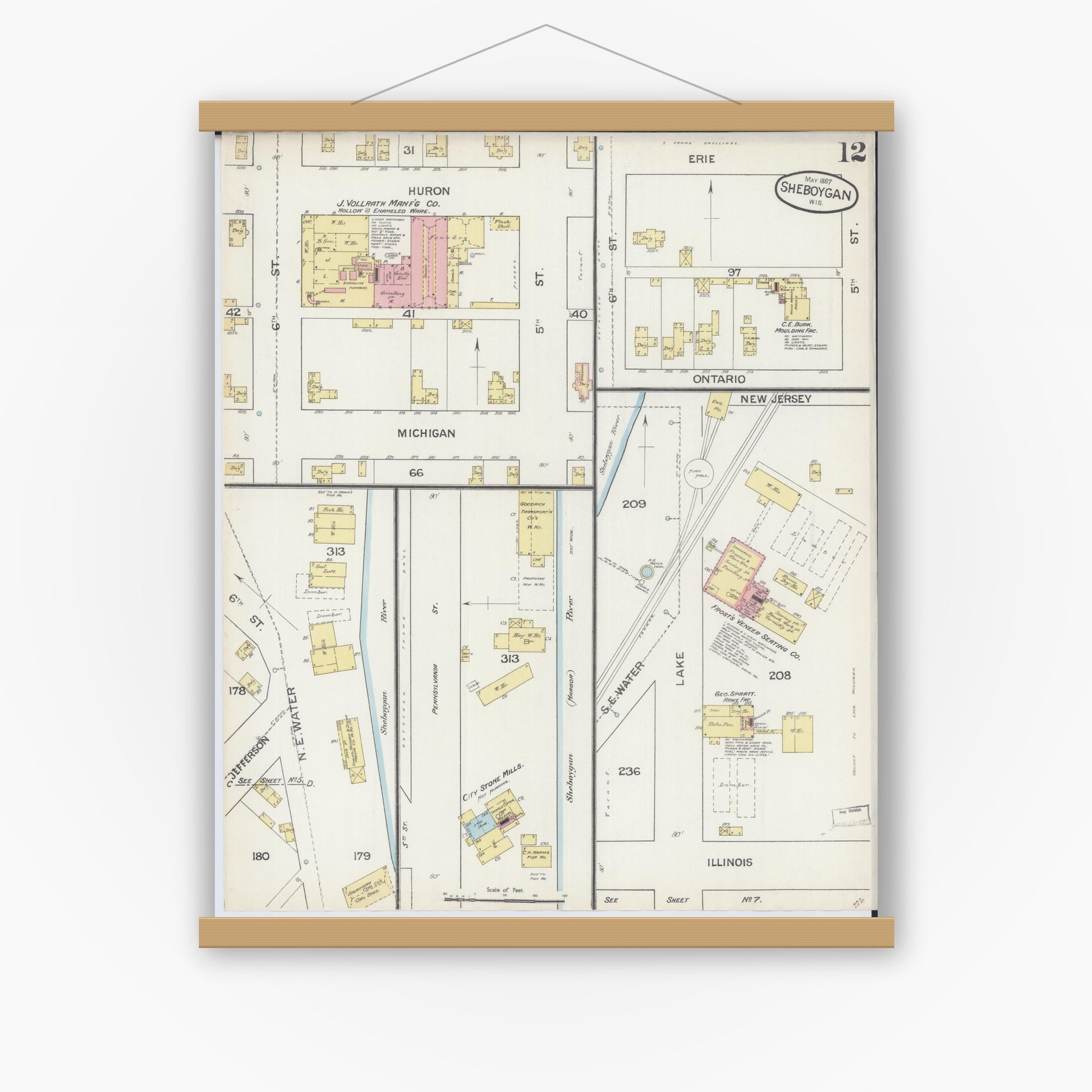 Old map wall art mockup — magnetic wood frame on white wall — Sanborn Fire Insurance Map from Sheboygan, Sheboygan County, Wisconsin (1887), Sheet #0012
