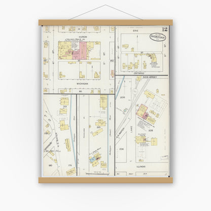 Old map wall art mockup — magnetic wood frame on white wall — Sanborn Fire Insurance Map from Sheboygan, Sheboygan County, Wisconsin (1887), Sheet #0012