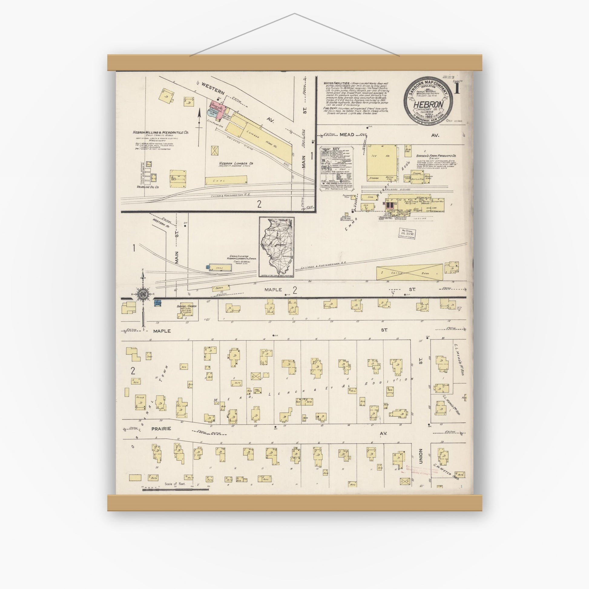 Old map wall art mockup — magnetic wood frame on white wall — Sanborn Fire Insurance Map from Hebron, McHenry County, Illinois (1922), Sheet #0001