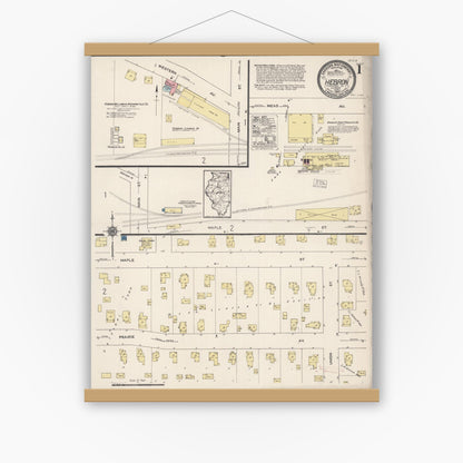 Old map wall art mockup — magnetic wood frame on white wall — Sanborn Fire Insurance Map from Hebron, McHenry County, Illinois (1922), Sheet #0001