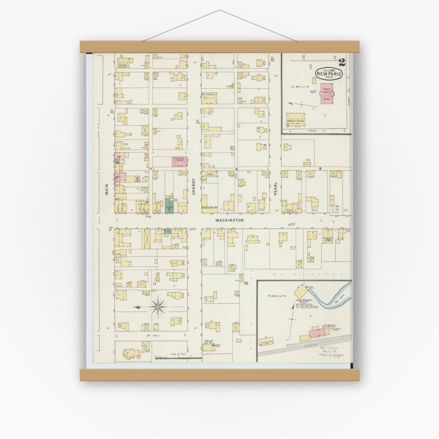 Old map wall art mockup — magnetic wood frame on white wall — Sanborn Fire Insurance Map from New Paris, Preble County, Ohio (1895), Sheet #0002