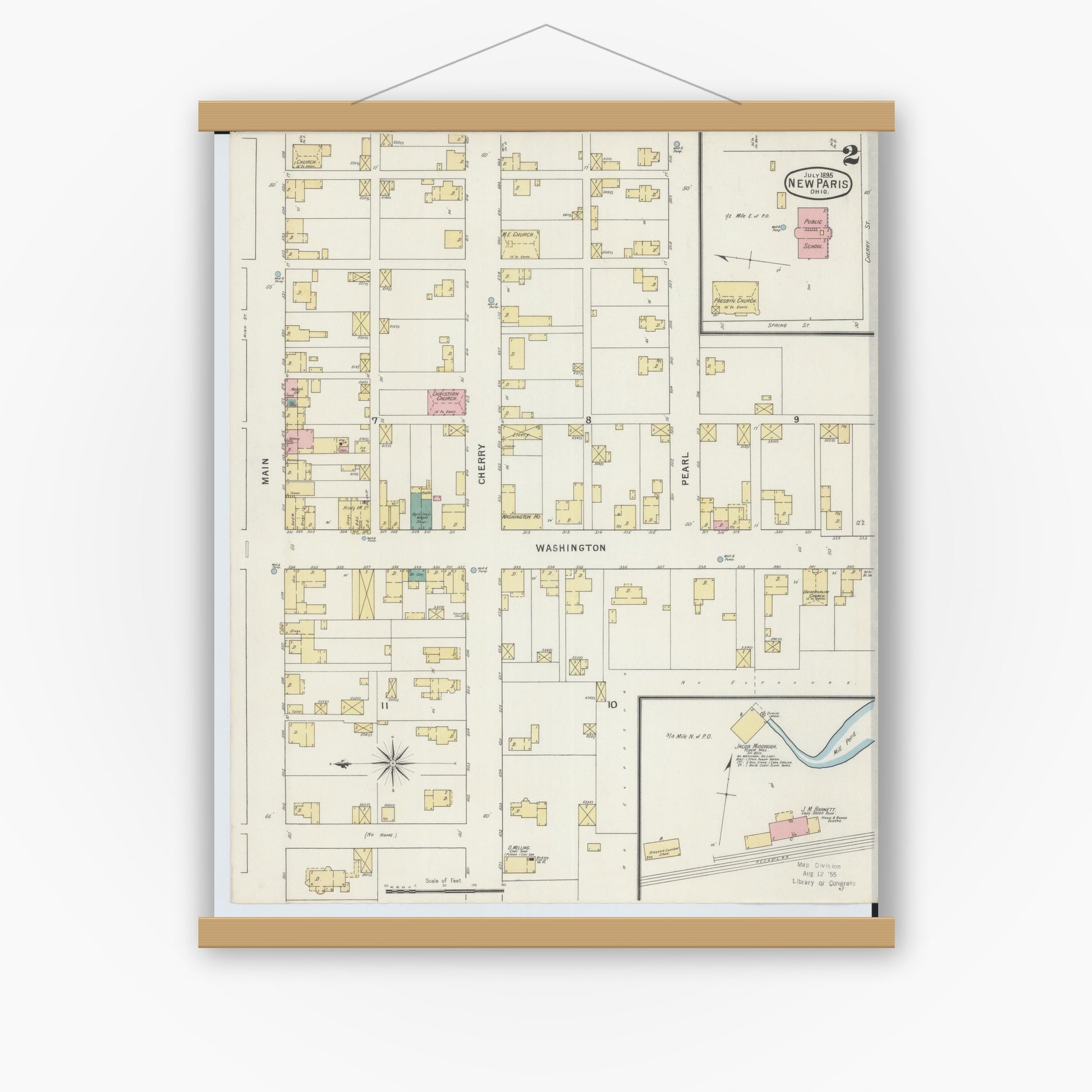 Old map wall art mockup — magnetic wood frame on white wall — Sanborn Fire Insurance Map from New Paris, Preble County, Ohio (1895), Sheet #0002
