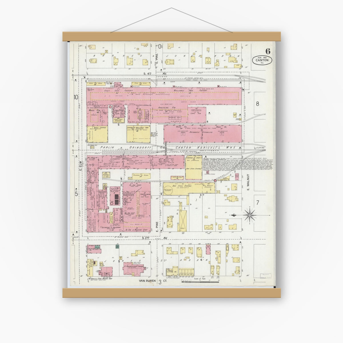 Old map wall art mockup — magnetic wood frame on white wall — Sanborn Fire Insurance Map from Canton, Fulton County, Illinois (1902), Sheet #0006