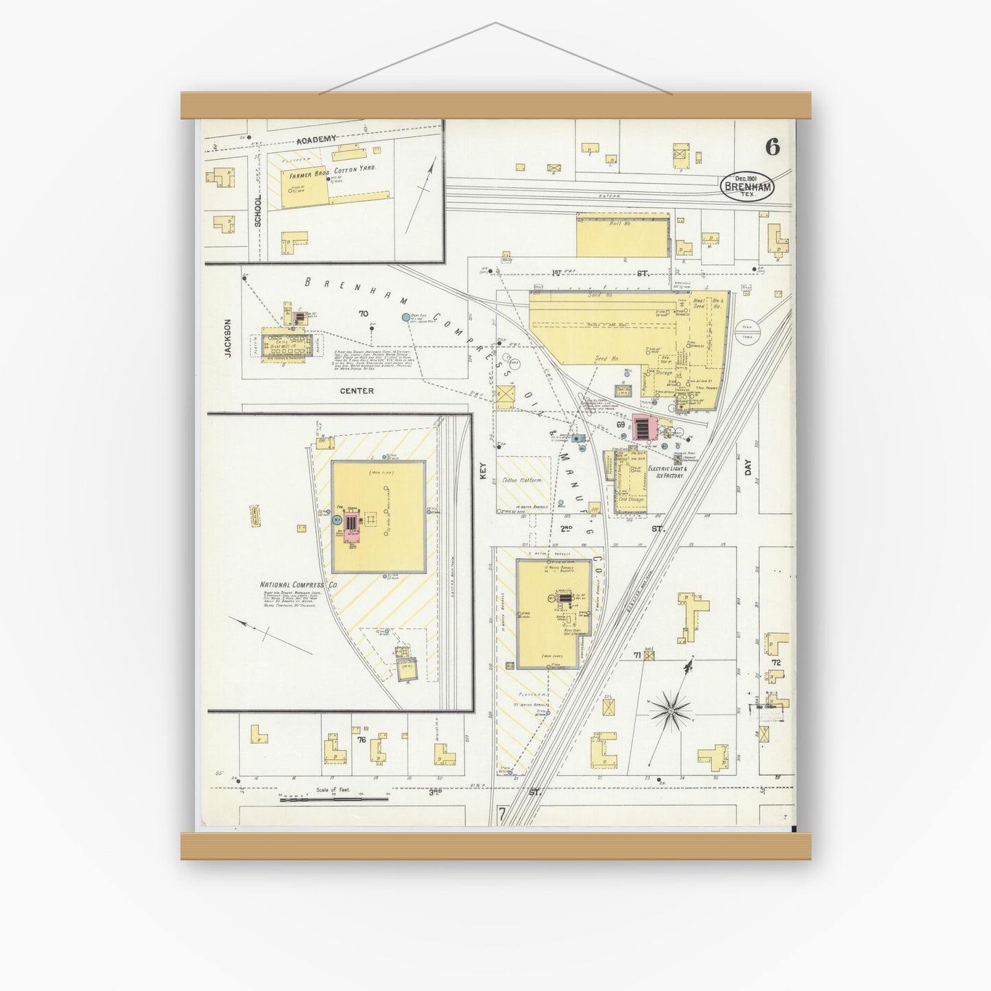 Old map wall art mockup — magnetic wood frame on white wall — Sanborn Fire Insurance Map from Brenham, Washington County, Texas (1901), Sheet #0006