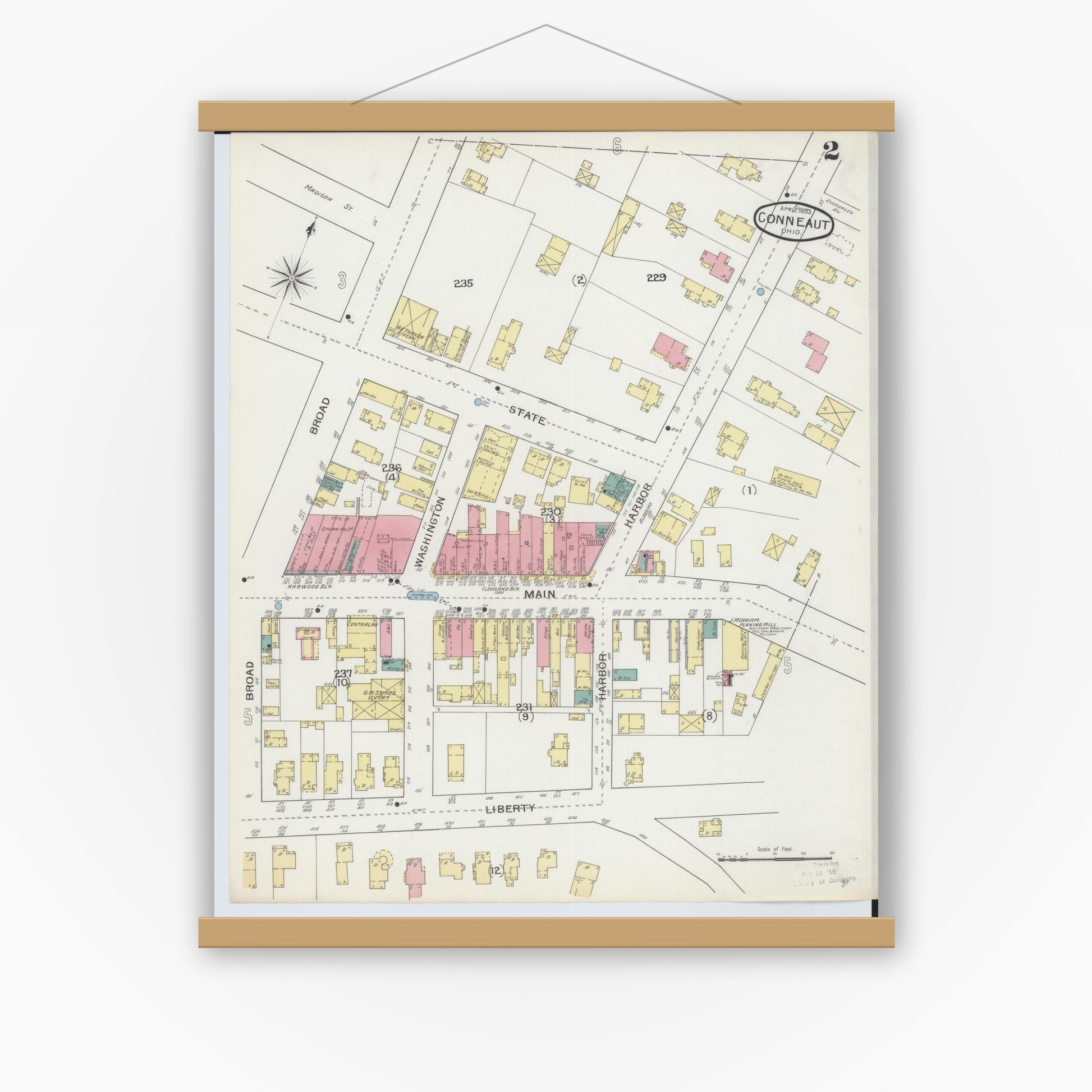 Old map wall art mockup — magnetic wood frame on white wall — Sanborn Fire Insurance Map from Conneaut, Ashtabula County, Ohio (1893), Sheet #0002