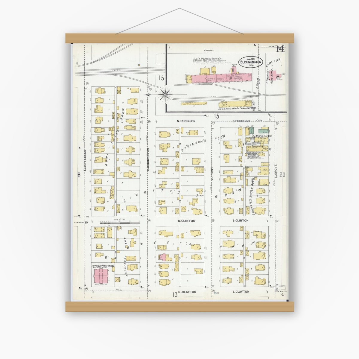 Old map wall art mockup — magnetic wood frame on white wall — Sanborn Fire Insurance Map from Bloomington, McLean County, Illinois (1901), Sheet #0014