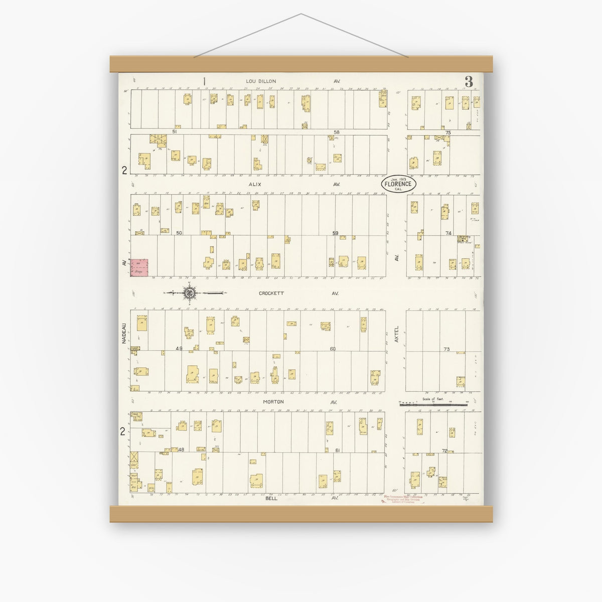 Old map wall art mockup — magnetic wood frame on white wall — Sanborn Fire Insurance Map from Florence, Los Angeles County, California (1913), Sheet #0003