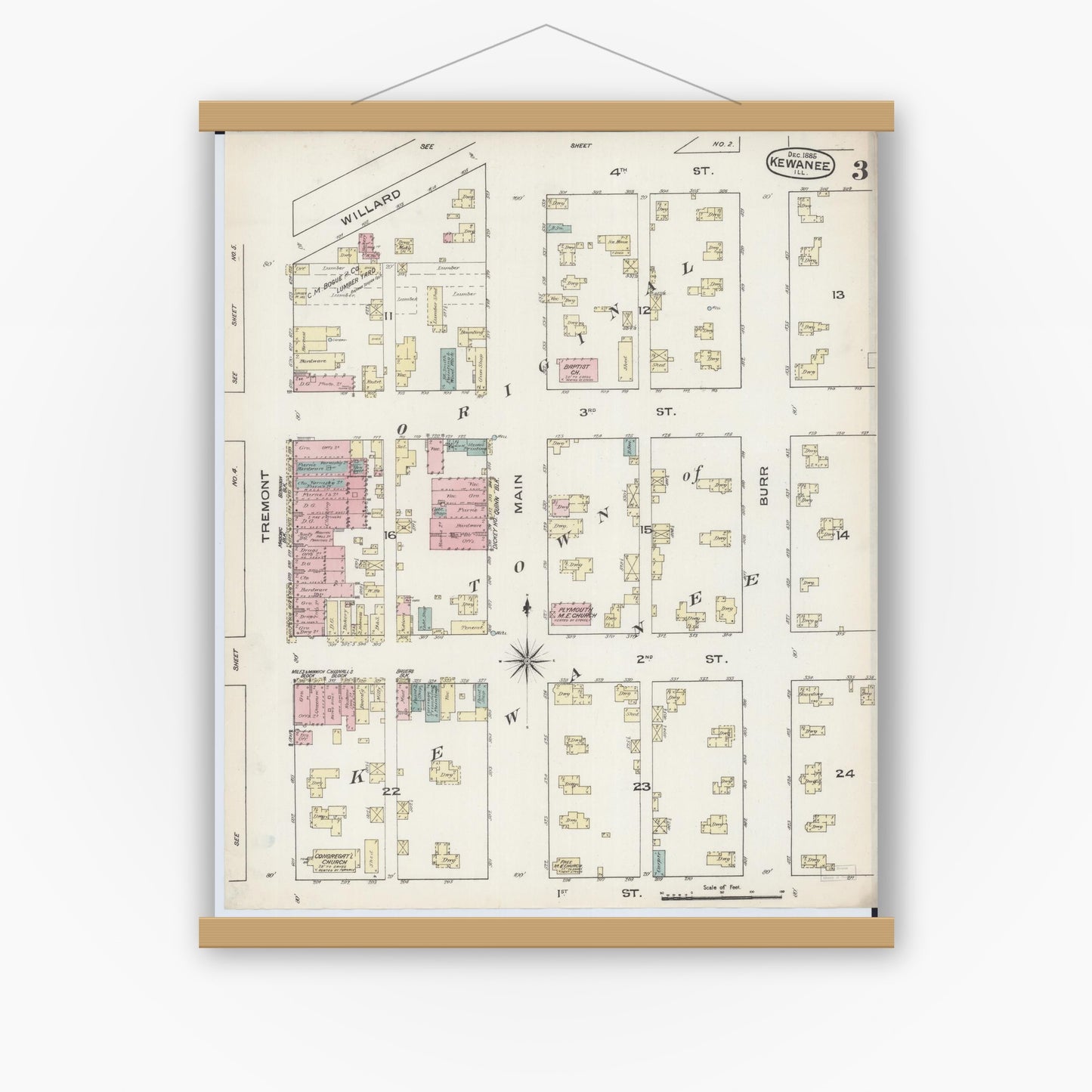 Old map wall art mockup — magnetic wood frame on white wall — Sanborn Fire Insurance Map from Kewanee, Henry County, Illinois (1885), Sheet #0003