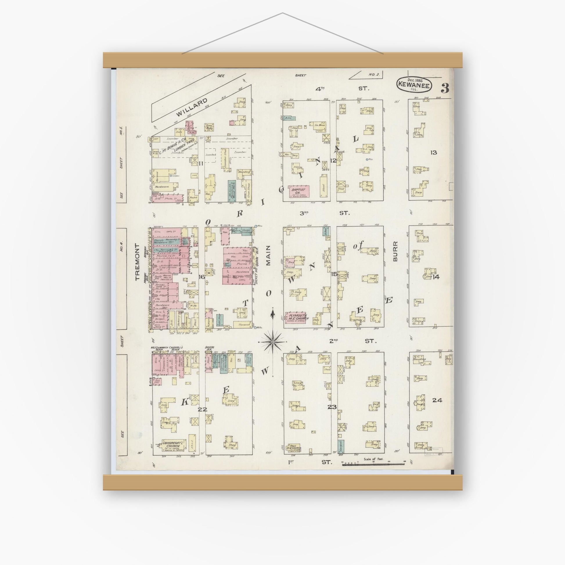 Old map wall art mockup — magnetic wood frame on white wall — Sanborn Fire Insurance Map from Kewanee, Henry County, Illinois (1885), Sheet #0003