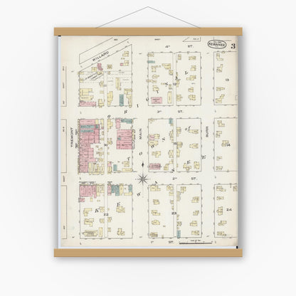 Old map wall art mockup — magnetic wood frame on white wall — Sanborn Fire Insurance Map from Kewanee, Henry County, Illinois (1885), Sheet #0003