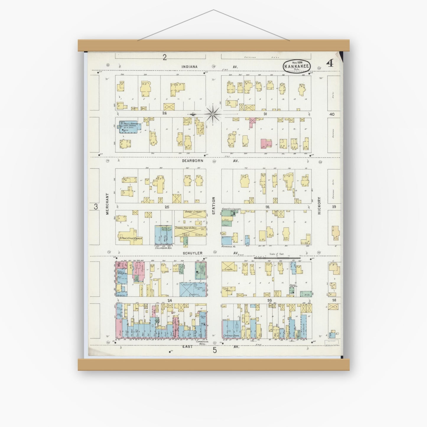 Old map wall art mockup — magnetic wood frame on white wall — Sanborn Fire Insurance Map from Kankakee, Kankakee County, Illinois (1896), Sheet #0004