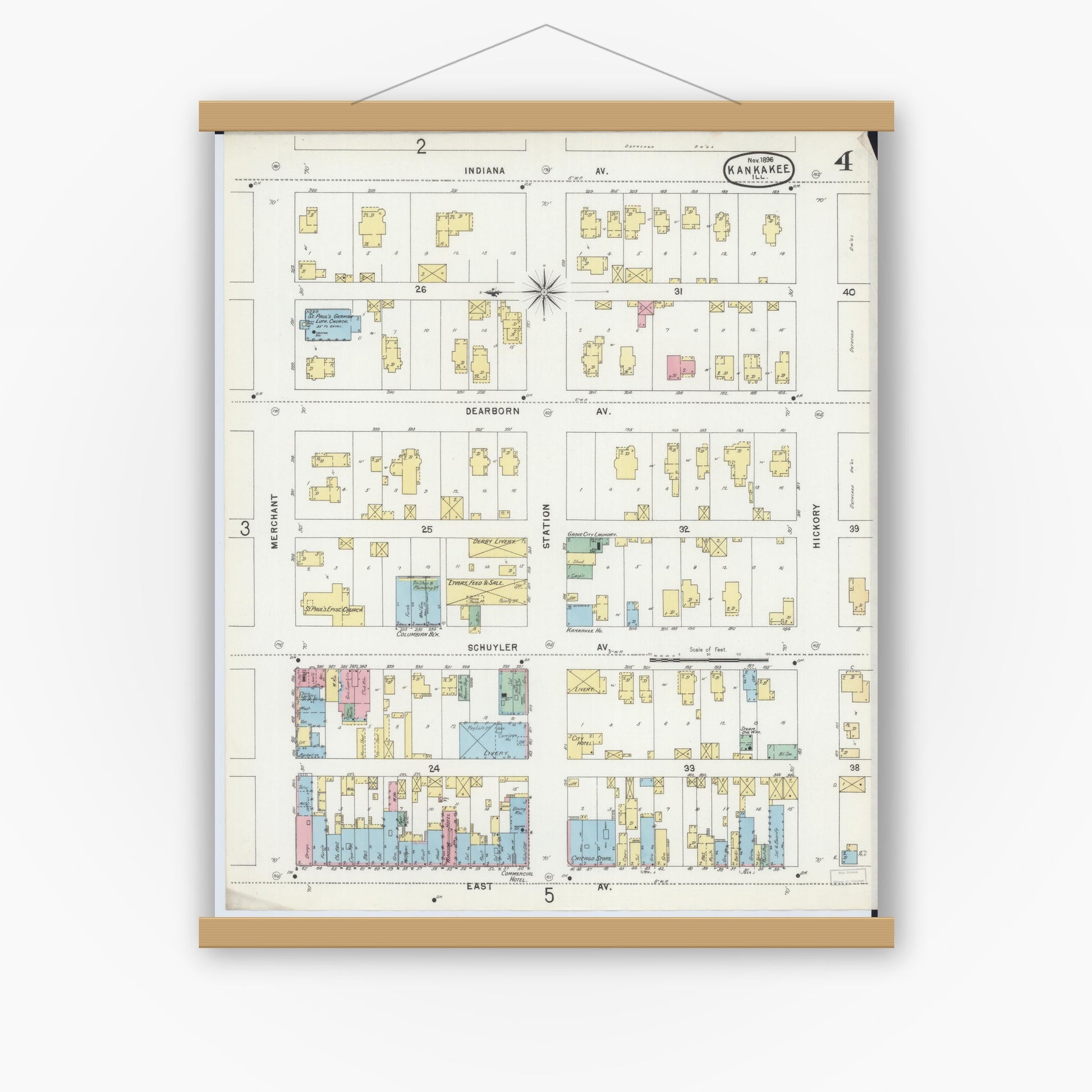Old map wall art mockup — magnetic wood frame on white wall — Sanborn Fire Insurance Map from Kankakee, Kankakee County, Illinois (1896), Sheet #0004
