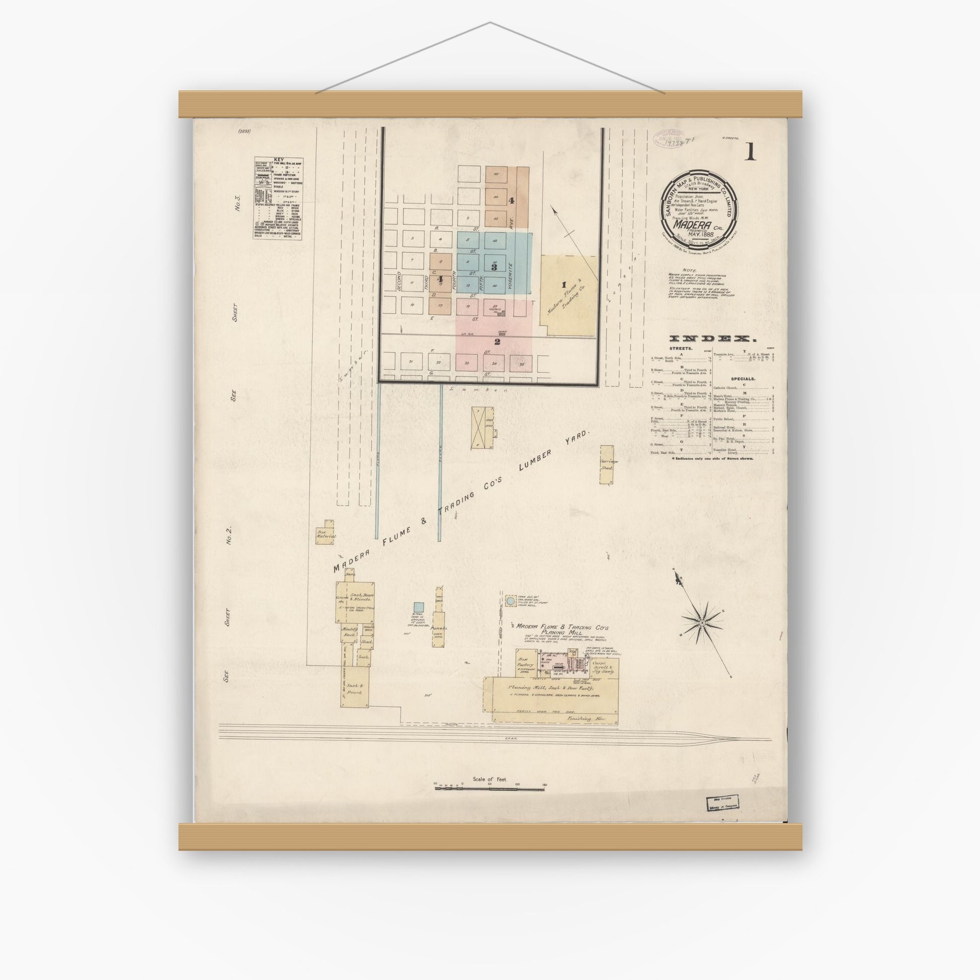 Old map wall art mockup — magnetic wood frame on white wall — Sanborn Fire Insurance Map from Madera, Madera County, California (1888) - Complete Map Set