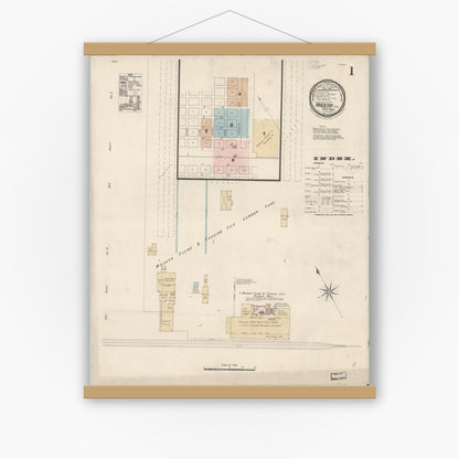 Old map wall art mockup — magnetic wood frame on white wall — Sanborn Fire Insurance Map from Madera, Madera County, California (1888) - Complete Map Set