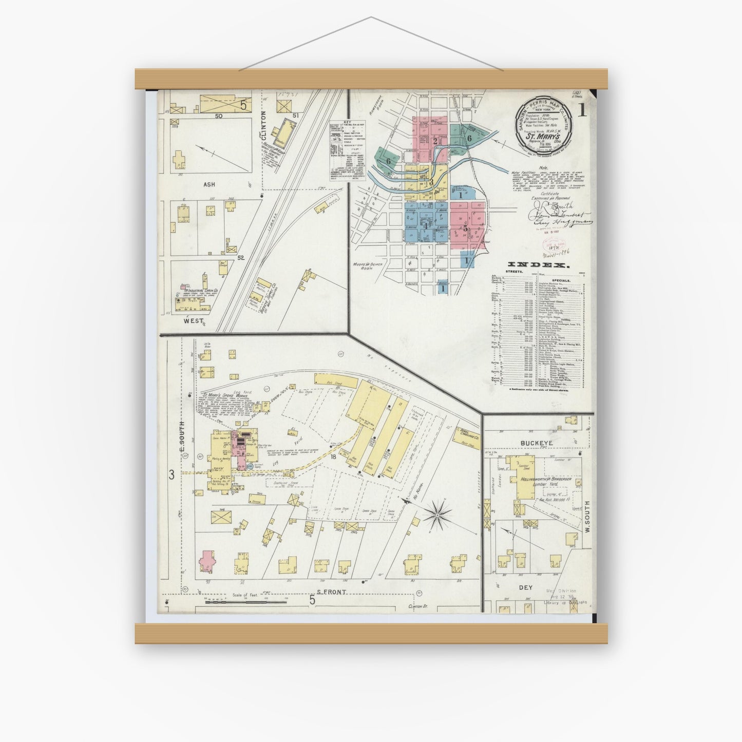 Old map wall art mockup — magnetic wood frame on white wall — Sanborn Fire Insurance Map from Saint Marys, Auglaize County, Ohio (1896), Sheet #0001