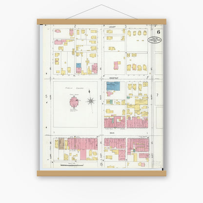 Old map wall art mockup — magnetic wood frame on white wall — Sanborn Fire Insurance Map from Coshocton, Coshocton County, Ohio (1905), Sheet #0006