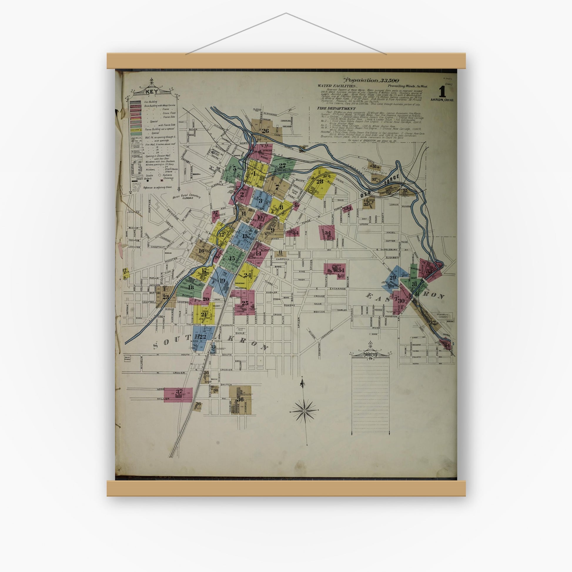 Old map wall art mockup — magnetic wood frame on white wall — Sanborn Fire Insurance Map from Akron, Summit County, Ohio (1892), Sheet #0001
