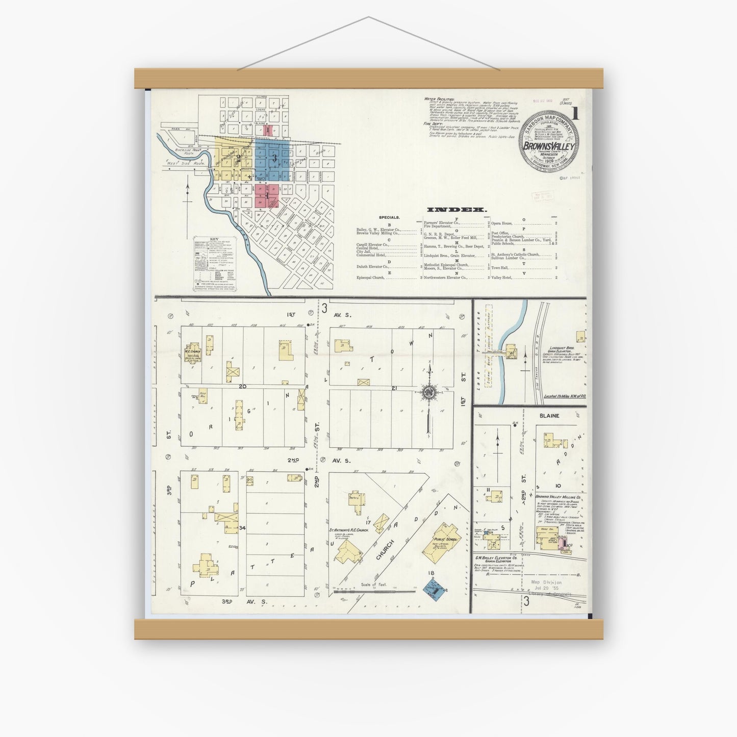Old map wall art mockup — magnetic wood frame on white wall — Sanborn Fire Insurance Map from Browns Valley, Traverse County, Minnesota (1909), Sheet #0001