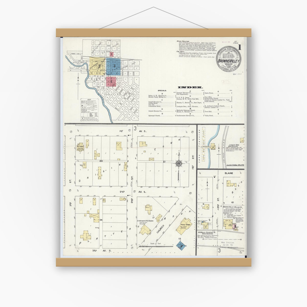 Old map wall art mockup — magnetic wood frame on white wall — Sanborn Fire Insurance Map from Browns Valley, Traverse County, Minnesota (1909), Sheet #0001
