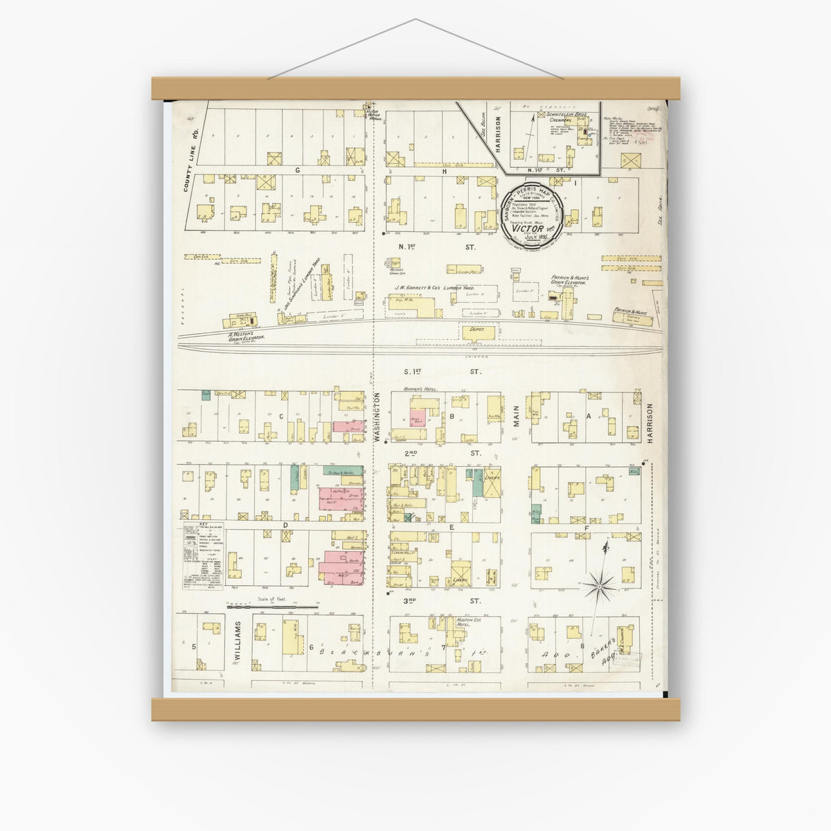 Old map wall art mockup — magnetic wood frame on white wall — Sanborn Fire Insurance Map from Victor, Iowa County, Iowa (1895), Sheet #0001