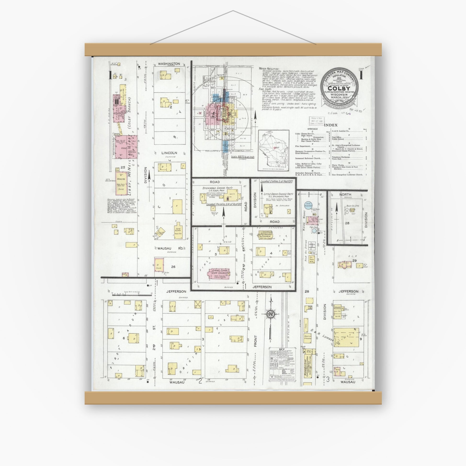 Old map wall art mockup — magnetic wood frame on white wall — Sanborn Fire Insurance Map from Colby, Clark and Marathon Counties, Wisconsin (1931) - Complete Map Set
