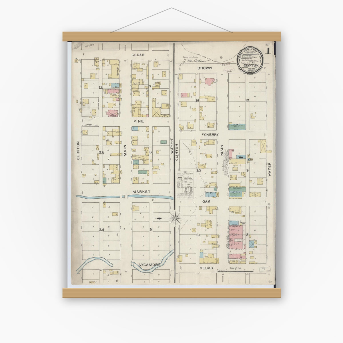 Old map wall art mockup — magnetic wood frame on white wall — Sanborn Fire Insurance Map from Grafton, Jersey County, Illinois (1894), Sheet #0001