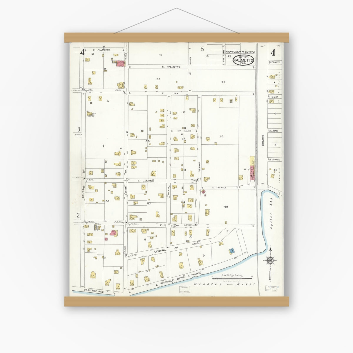 Old map wall art mockup — magnetic wood frame on white wall — Sanborn Fire Insurance Map from Palmetto, Manatee County, Florida (1923), Sheet #0004