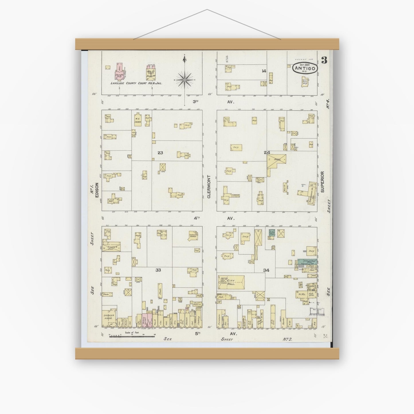 Old map wall art mockup — magnetic wood frame on white wall — Sanborn Fire Insurance Map from Antigo, Langlade County, Wisconsin (1889), Sheet #0003