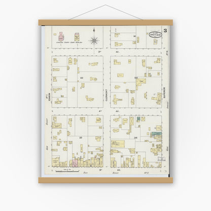 Old map wall art mockup — magnetic wood frame on white wall — Sanborn Fire Insurance Map from Antigo, Langlade County, Wisconsin (1889), Sheet #0003